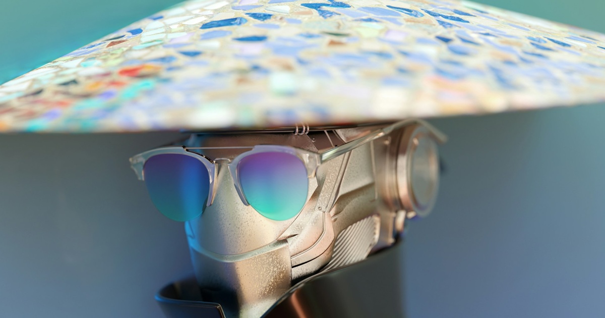 サングラスと円錐帽をかぶった近未来風ロボットの3Dアート