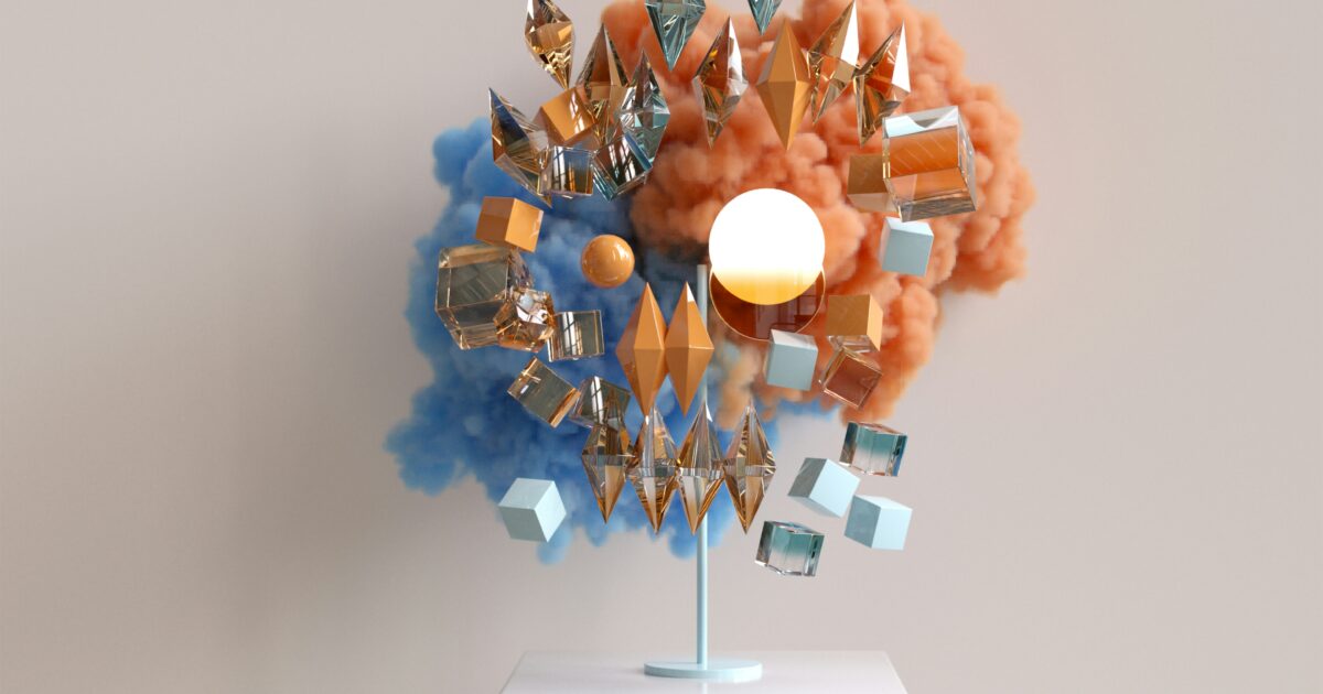 幾何学的なガラスオブジェクトとカラースモークの近未来アート