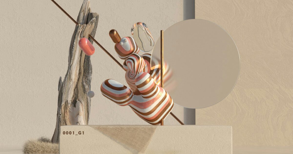 円形ミラーと縞模様の抽象オブジェクトを組み合わせた現代アート作品