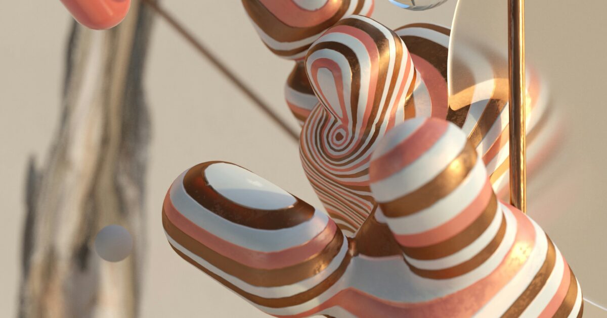 ピンクとブラウンの縞模様が特徴の抽象的な3Dオブジェクトアート