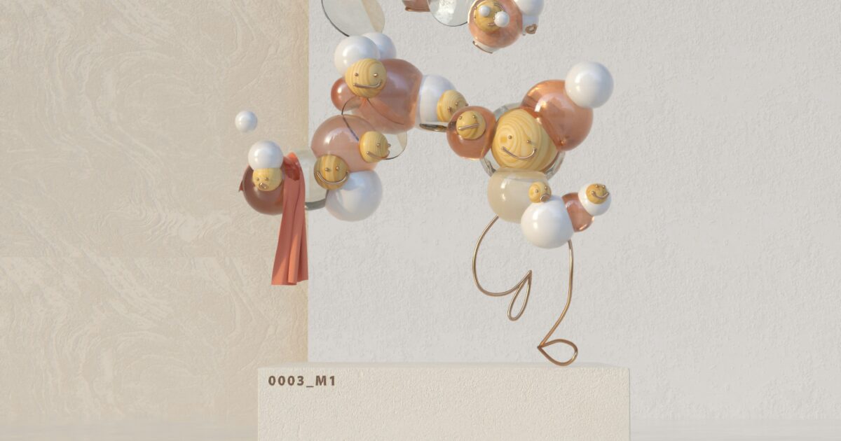 木目調とガラス質の球体で構成された浮遊する抽象彫刻