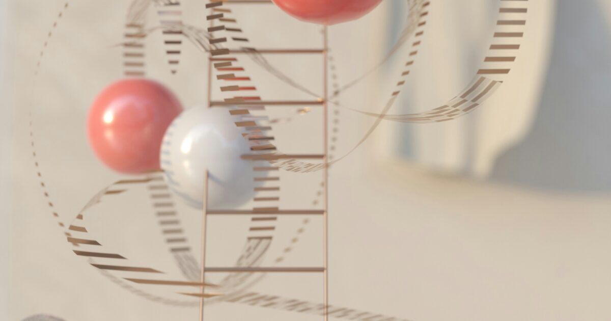 螺旋状の金属とカラフルな球体が浮遊する抽象的な3Dアート