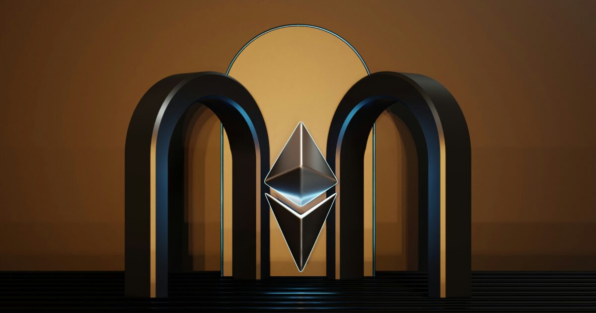 アーチ型の構造と中央に浮かぶイーサリアムロゴの未来的なデジタルアート