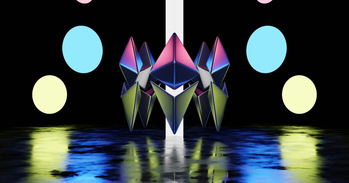 カラフルな光と水面反射に包まれた複数のイーサリアムロゴオブジェクト