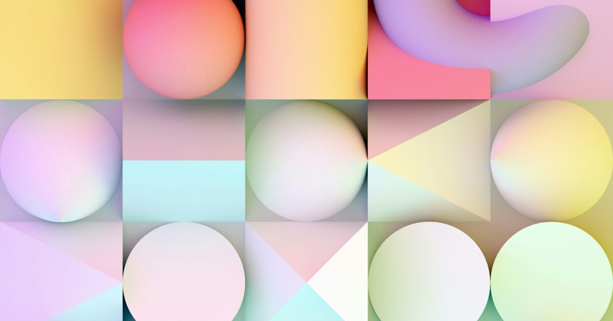 パステルカラーの幾何学模様で構成された抽象的な3Dデザイン