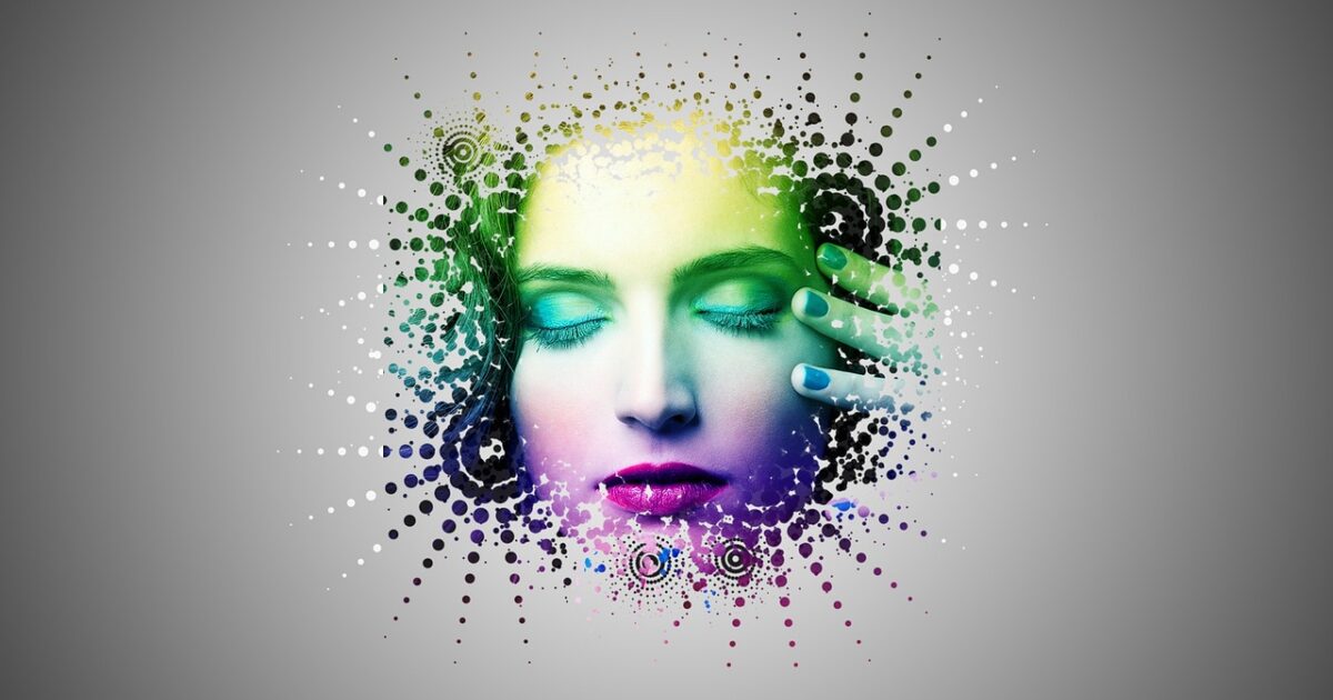 カラフルなドットエフェクトに囲まれた女性の顔のデジタルアート