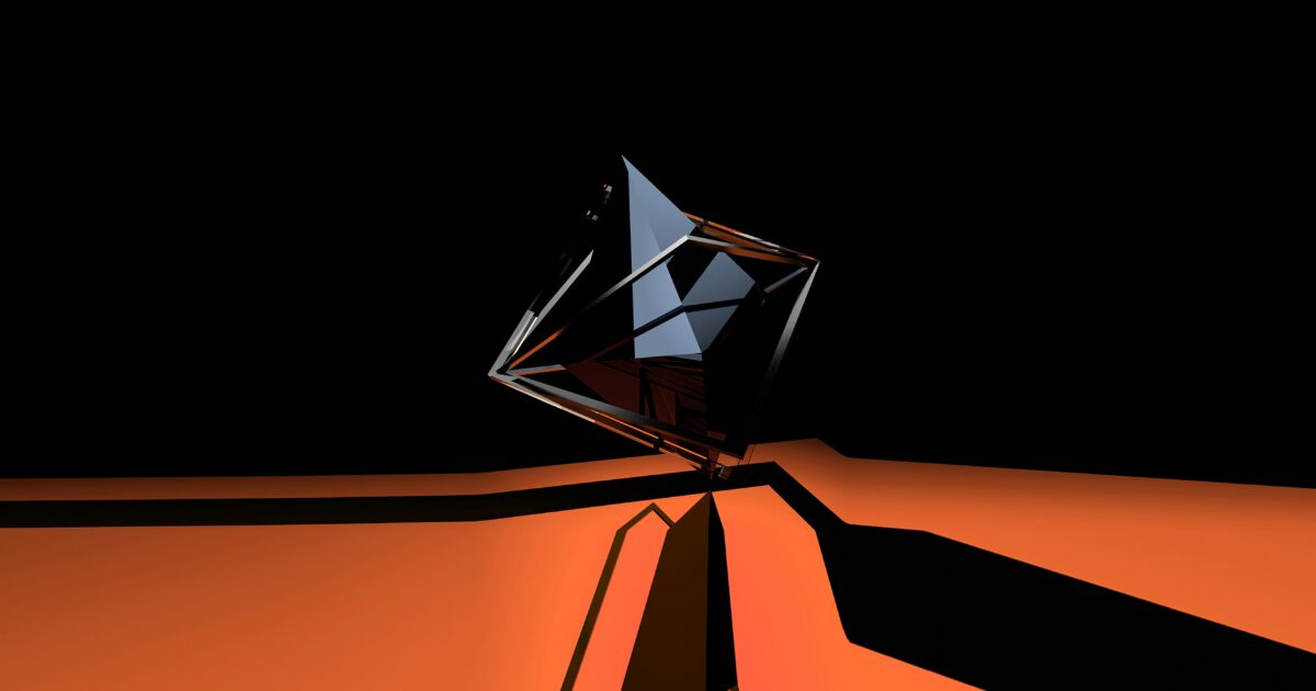 暗闇に浮かぶ抽象的な黒いピラミッド型3Dオブジェクト
